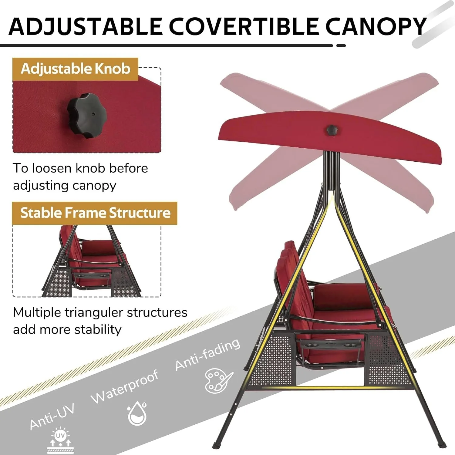 YODOLLA 3-Seat Patio Porch Swing Chair, Red — view 5