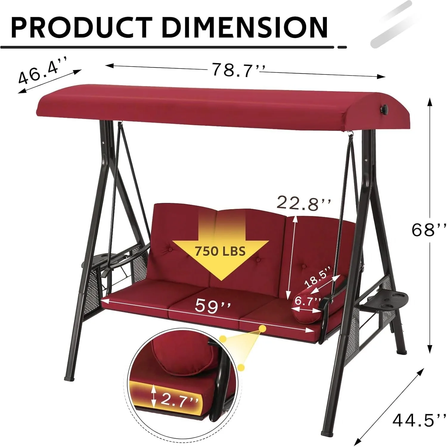 YODOLLA 3-Seat Patio Porch Swing Chair, Red — view 6