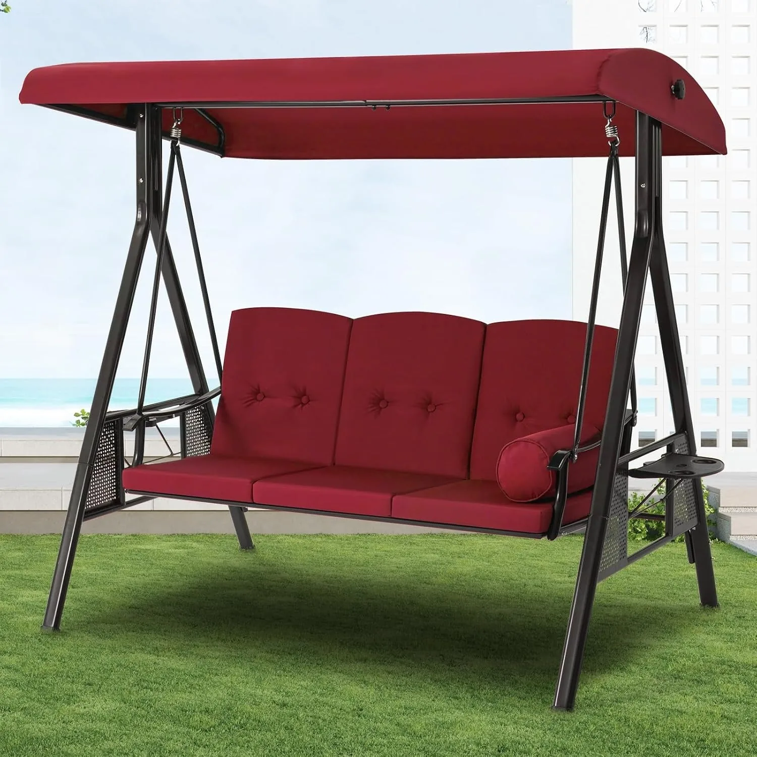 YODOLLA 3-Seat Patio Porch Swing Chair, Red — view 10