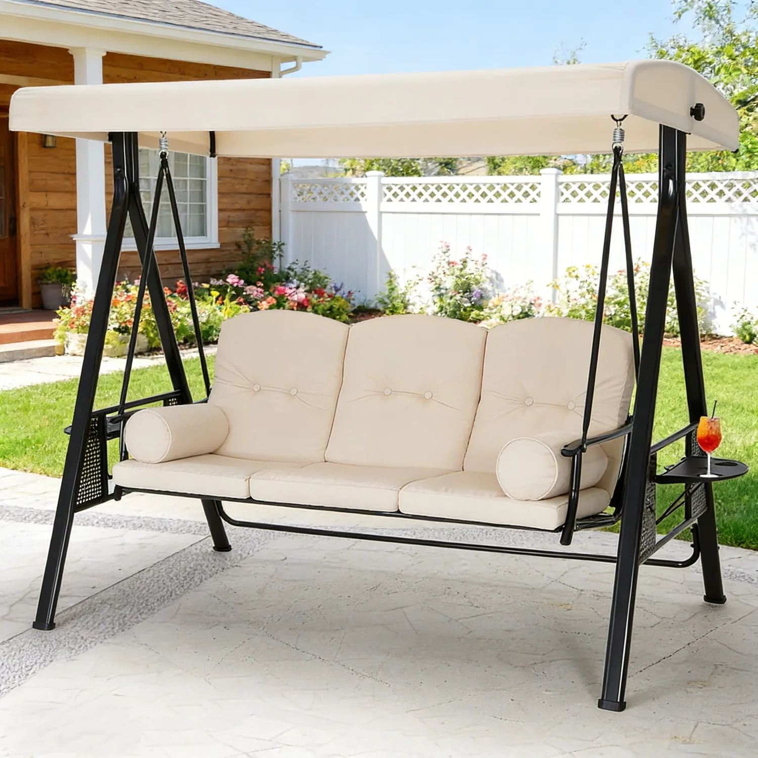 YODOLLA 3-Seat Patio Porch Swing Chair - Transform Your Outdoor Space in Beige — main image