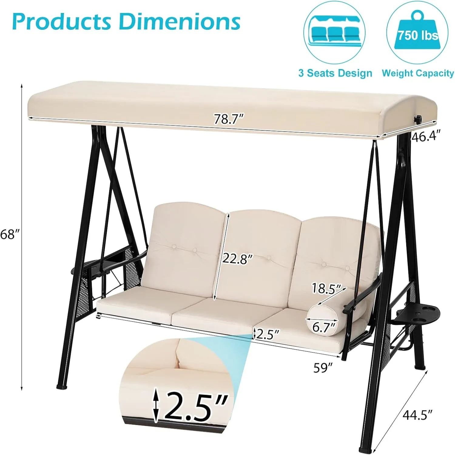 YODOLLA 3-Seat Patio Porch Swing Chair - Transform Your Outdoor Space in Beige — view 3