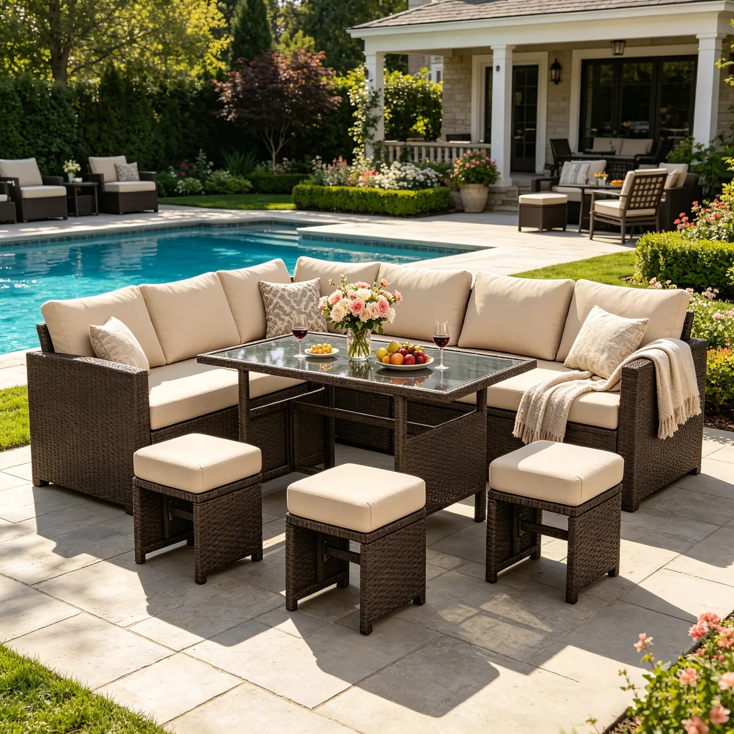 YODOLLA 7-Pc Patio Set, Brown Rattan & Khaki Cushions — main image