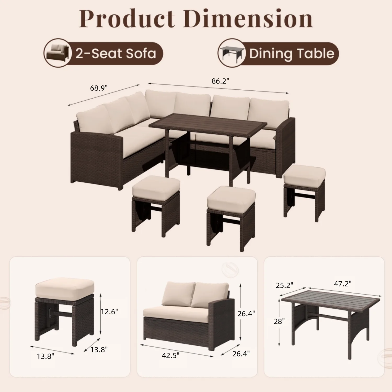 YODOLLA 7-Pc Patio Set, Brown Rattan & Khaki Cushions — view 3