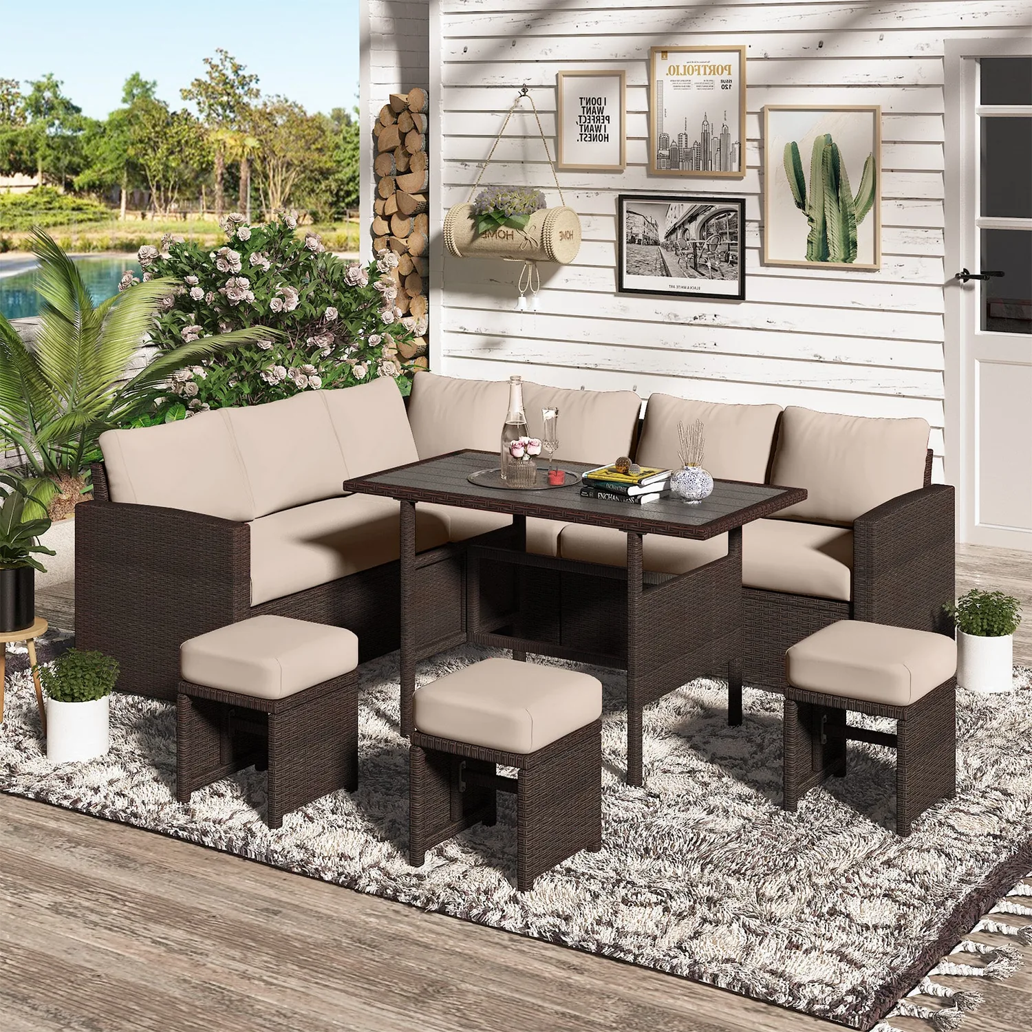 YODOLLA 7-Pc Patio Set, Brown Rattan & Khaki Cushions — view 4
