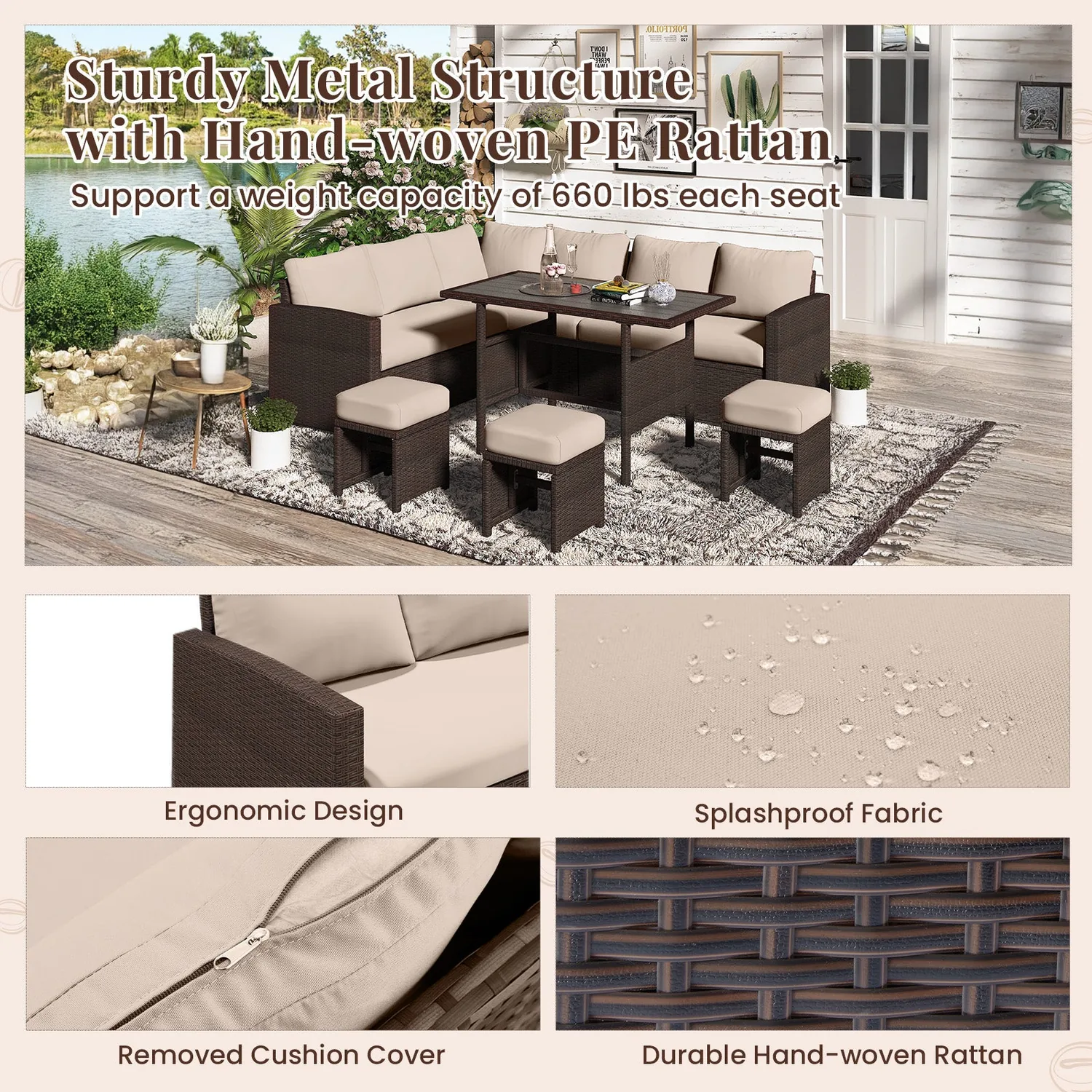 YODOLLA 7-Pc Patio Set, Brown Rattan & Khaki Cushions — view 5