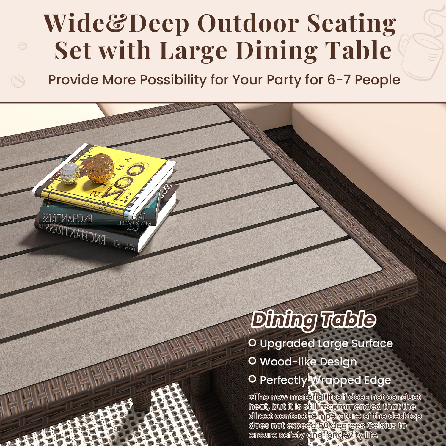 YODOLLA 7-Pc Patio Set, Brown Rattan & Khaki Cushions — view 6