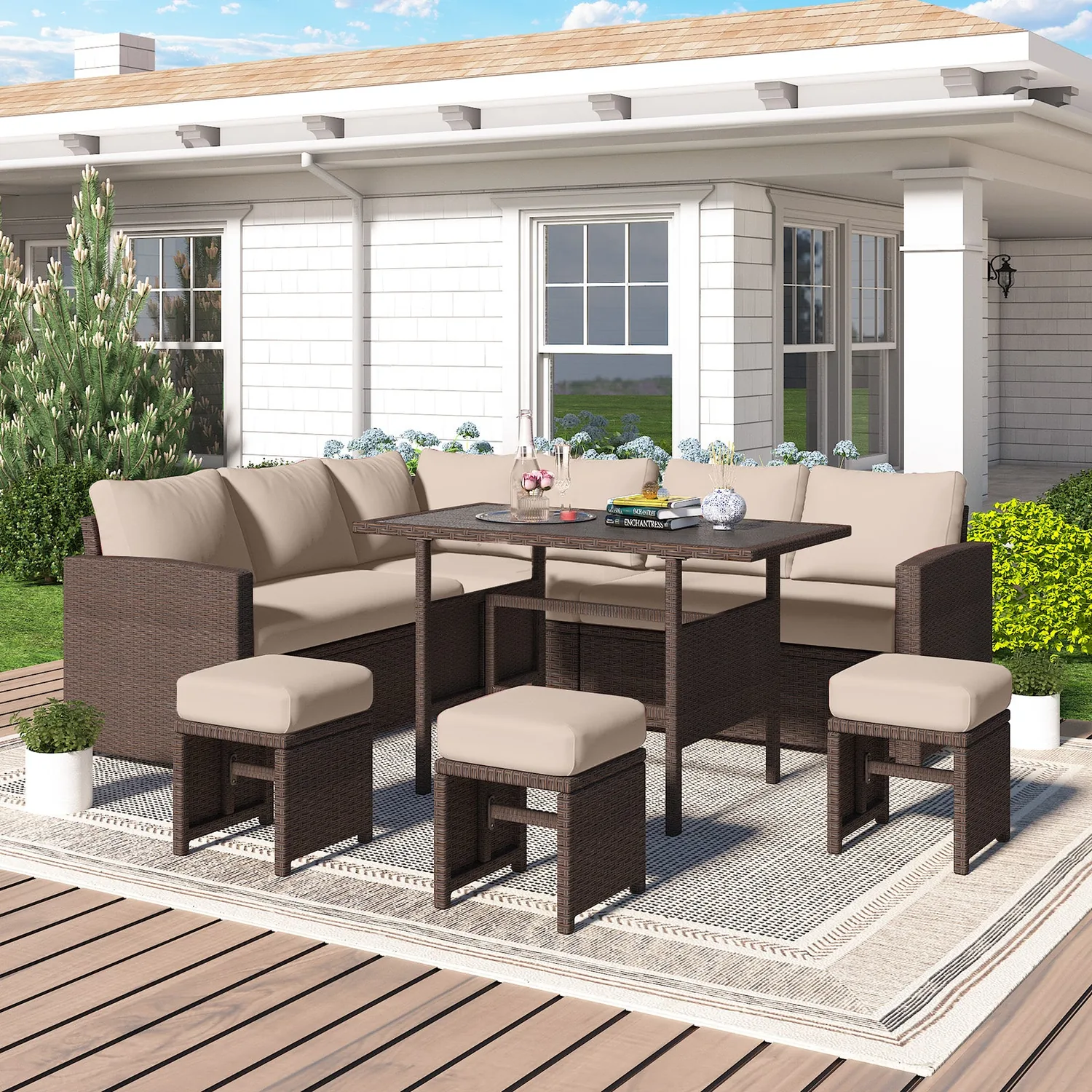 YODOLLA 7-Pc Patio Set, Brown Rattan & Khaki Cushions — view 8