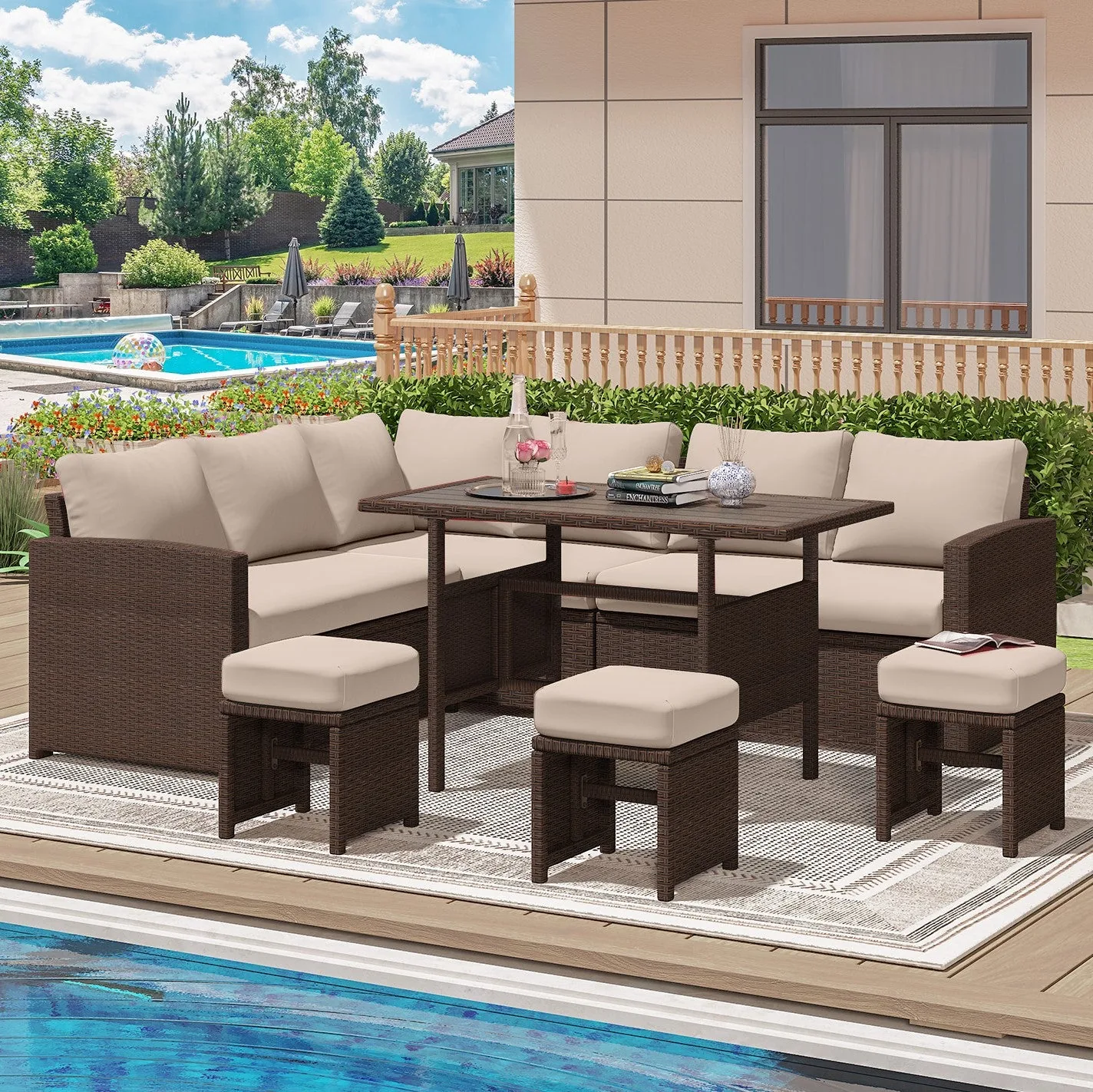 YODOLLA 7-Pc Patio Set, Brown Rattan & Khaki Cushions — view 9