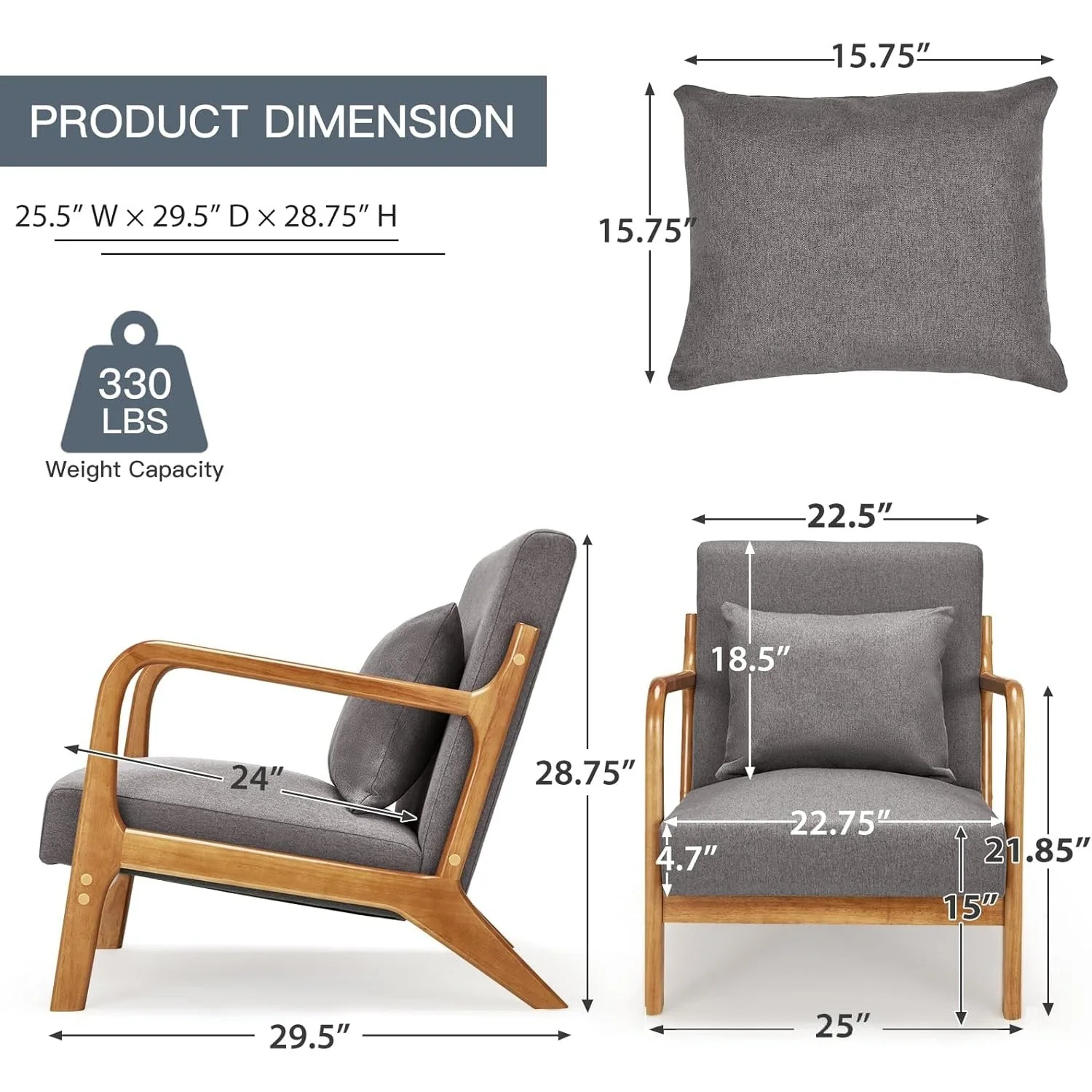 YODOLLA Gray Linen Accent Chair - Modern Reading Armchair for Living Room & Bedroom — view 4