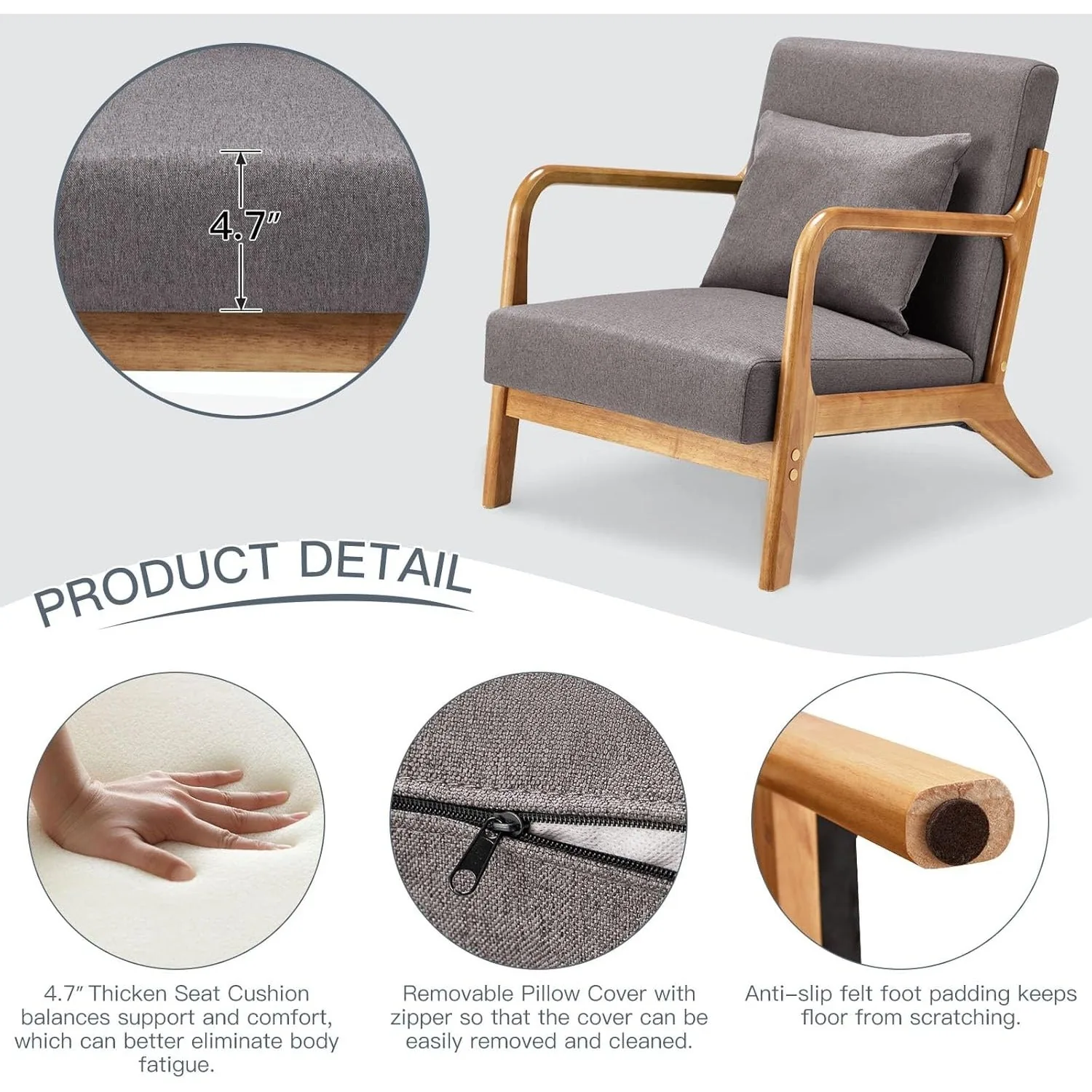 YODOLLA Gray Linen Accent Chair - Modern Reading Armchair for Living Room & Bedroom — view 7