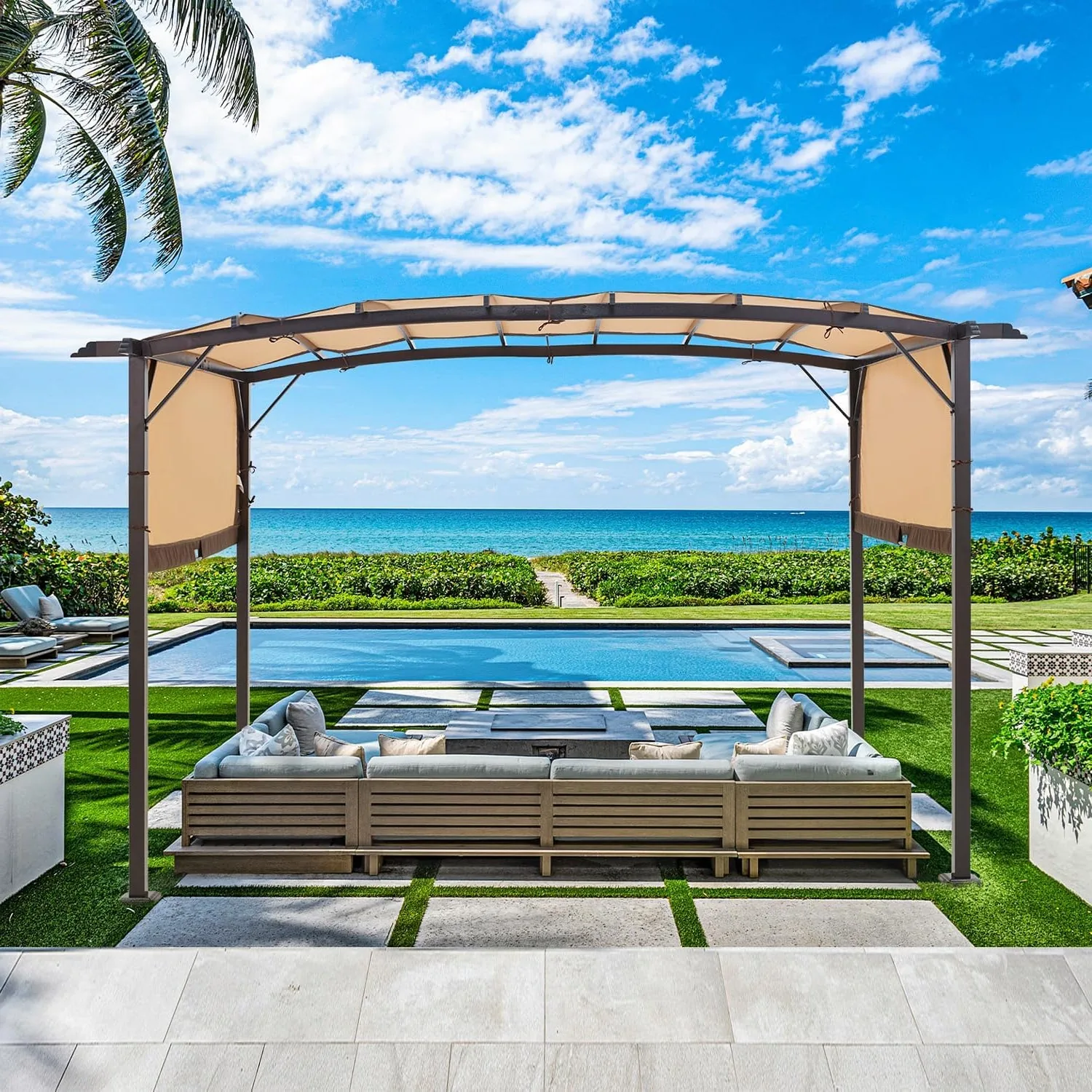 YODOLLA Metal 9' x 12' Outdoor Pergola and Gazebos, Beige — view 4