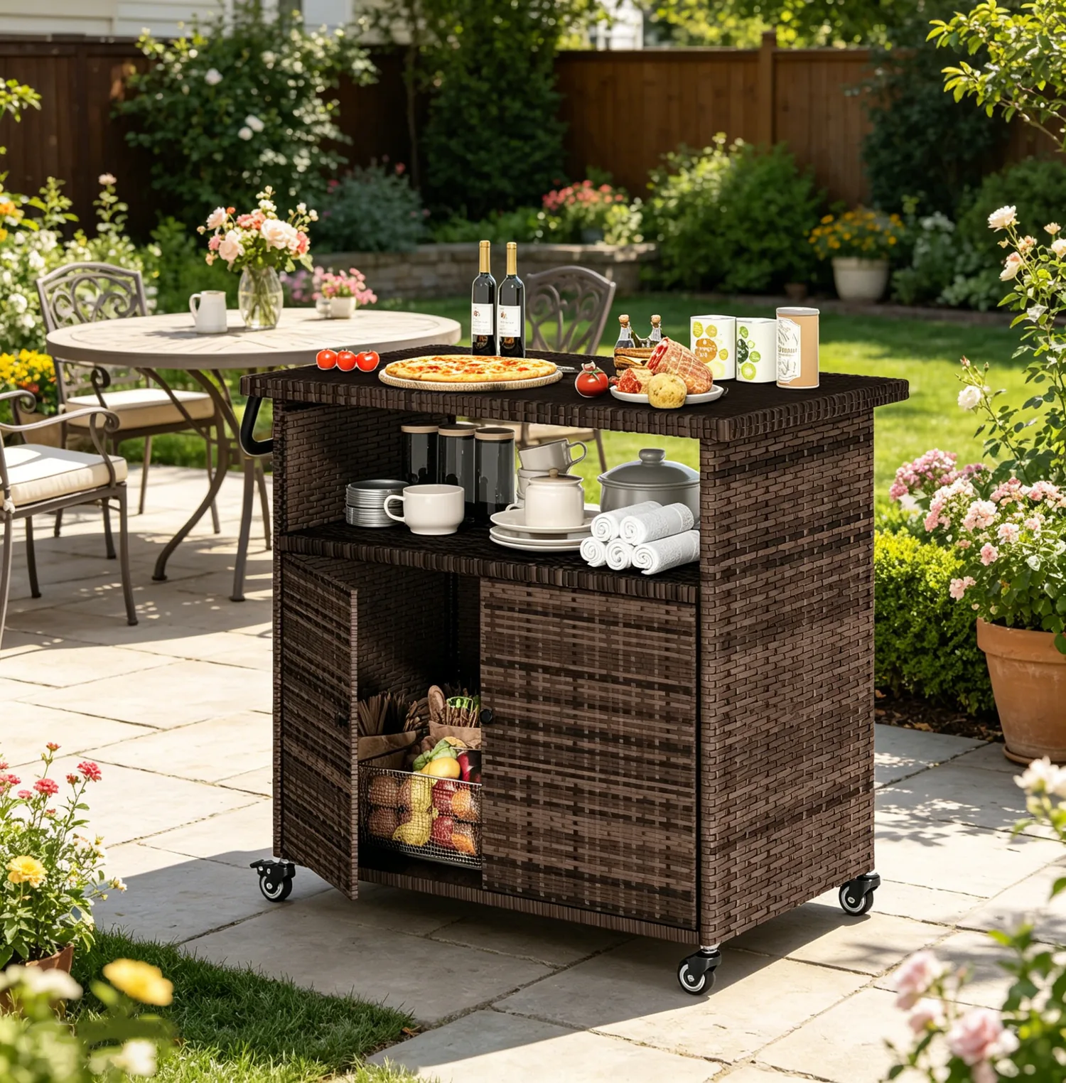 YODOLLA Outdoor Bar Cart, Patio Storage Grill Cart with Handles,Brown — main image