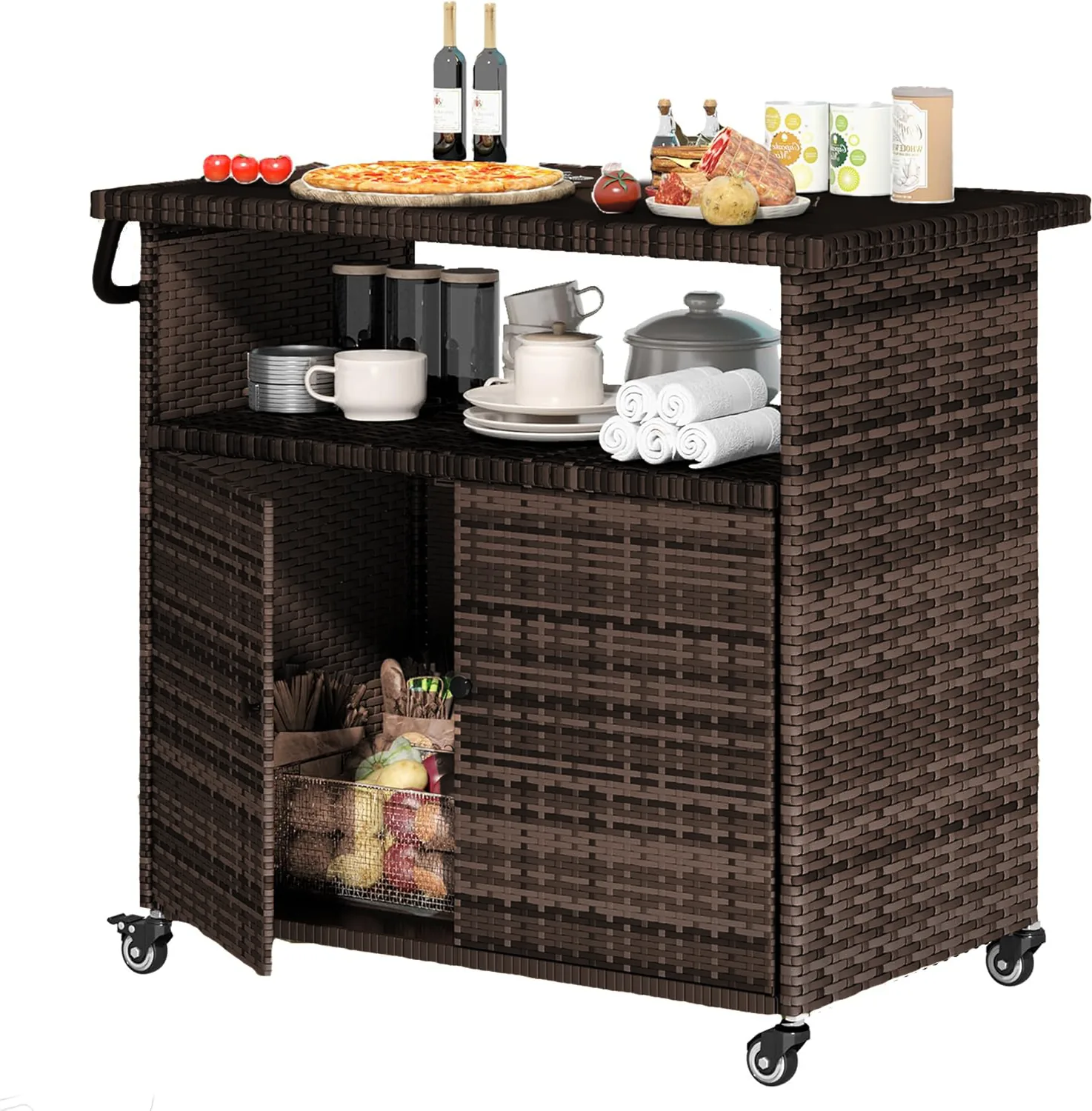 YODOLLA Outdoor Bar Cart, Patio Storage Grill Cart with Handles,Brown — view 2