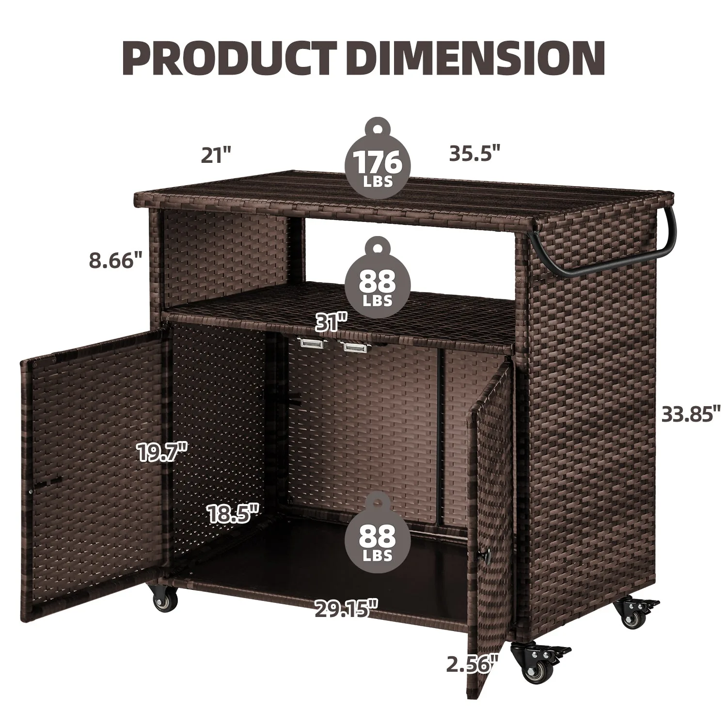 YODOLLA Outdoor Bar Cart, Patio Storage Grill Cart with Handles,Brown — view 3