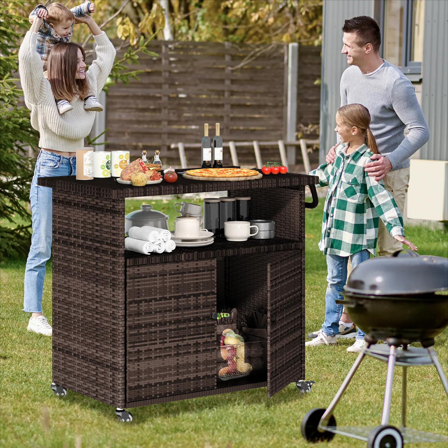 YODOLLA Outdoor Bar Cart, Patio Storage Grill Cart with Handles,Brown — view 5