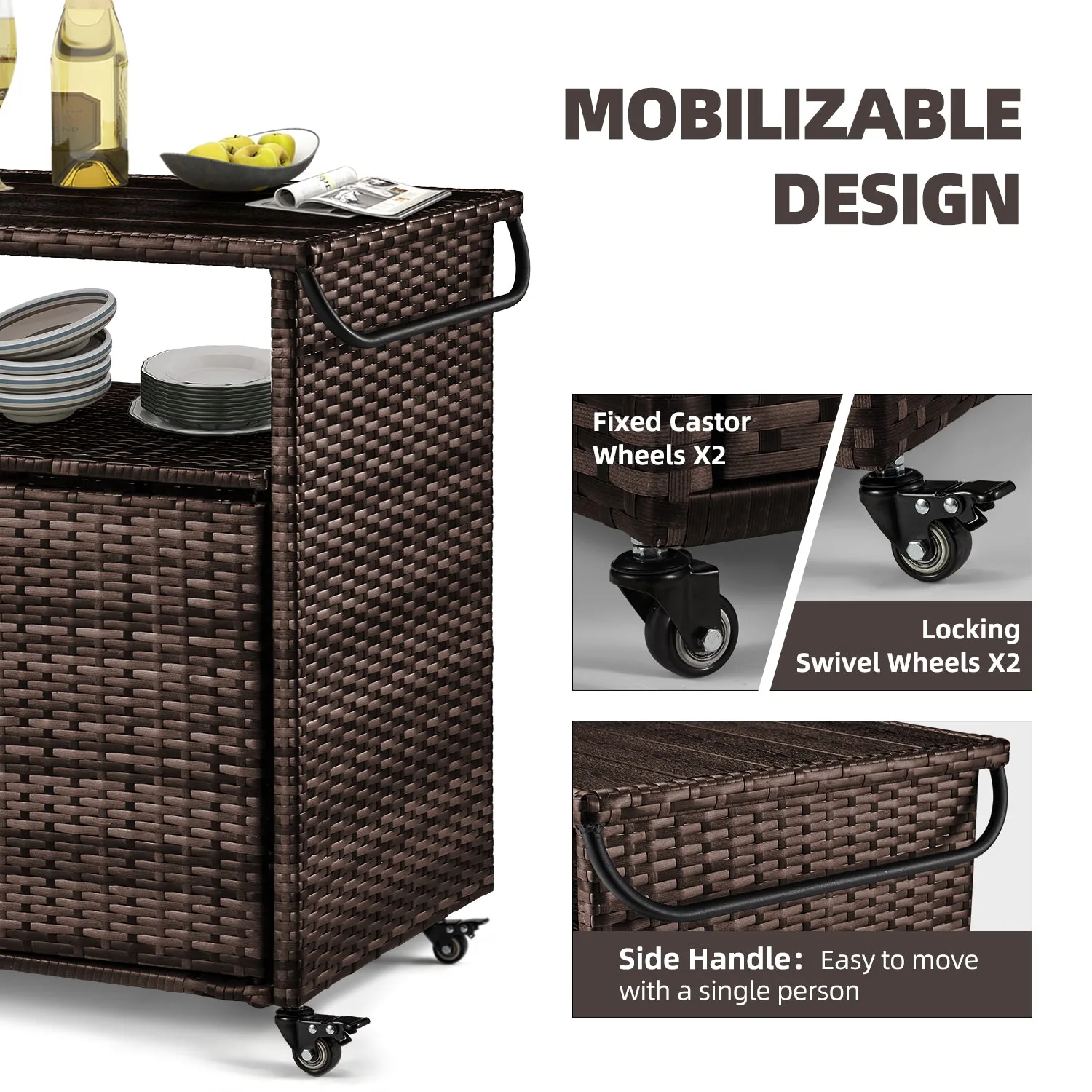 YODOLLA Outdoor Bar Cart, Patio Storage Grill Cart with Handles,Brown — view 6
