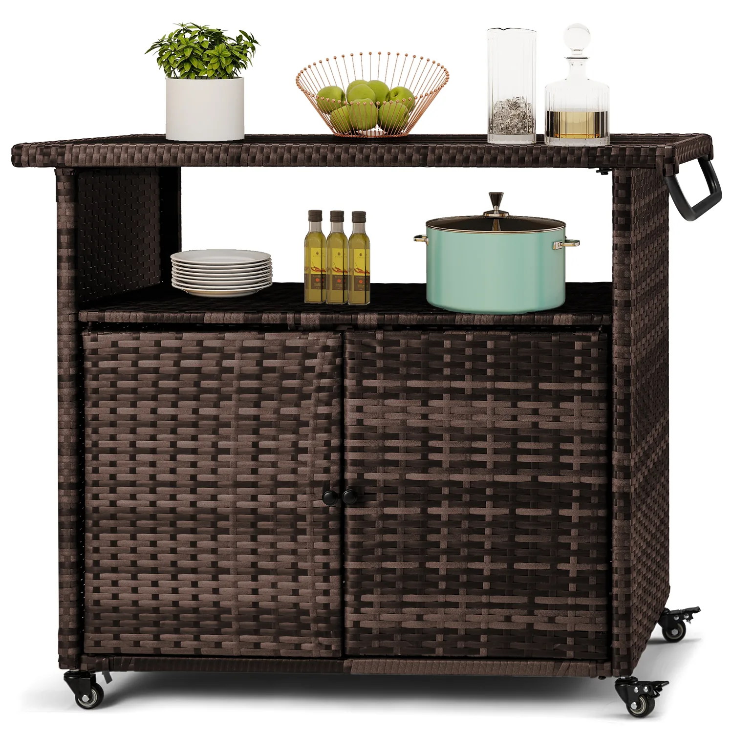 YODOLLA Outdoor Bar Cart, Patio Storage Grill Cart with Handles,Brown — view 7