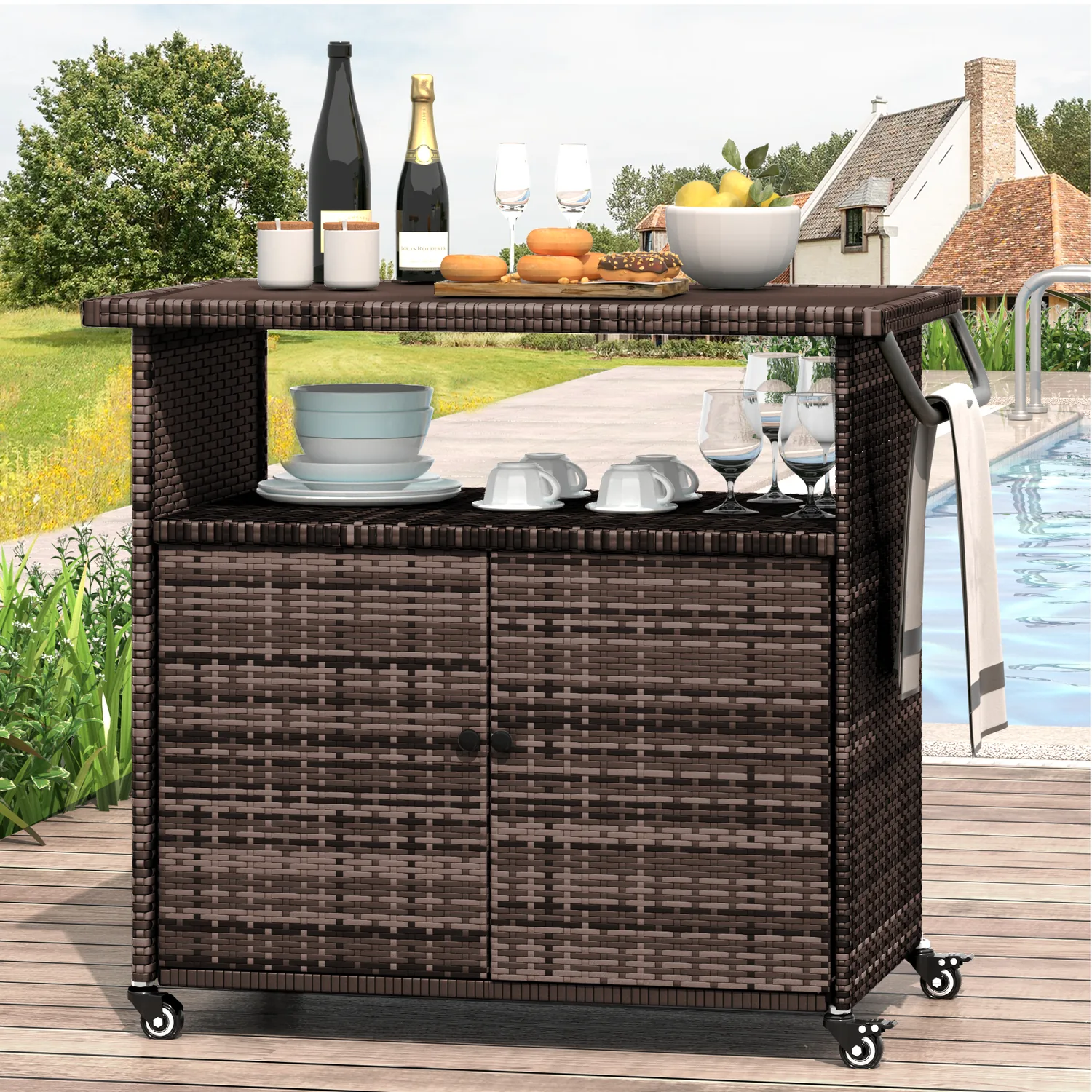 YODOLLA Outdoor Bar Cart, Patio Storage Grill Cart with Handles,Brown — view 8