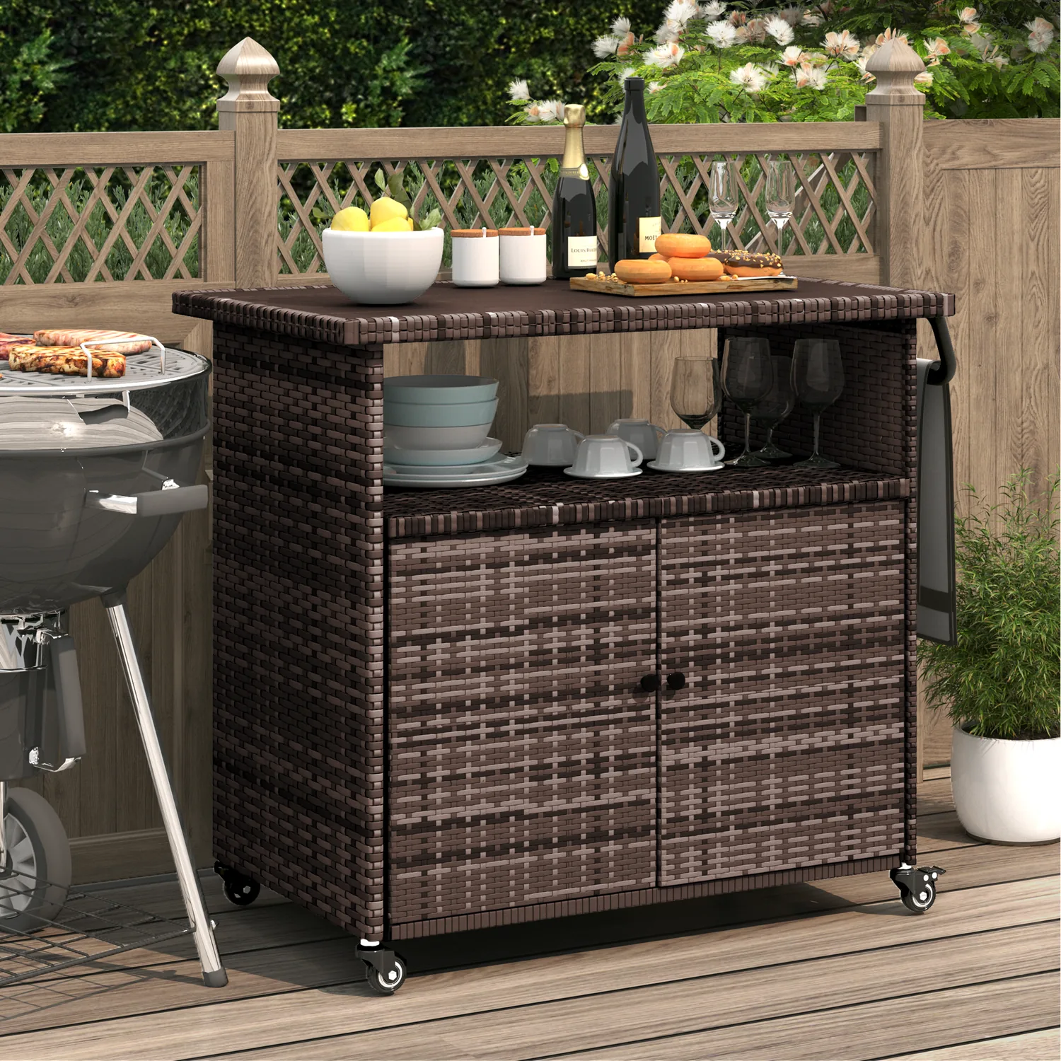 YODOLLA Outdoor Bar Cart, Patio Storage Grill Cart with Handles,Brown — view 9