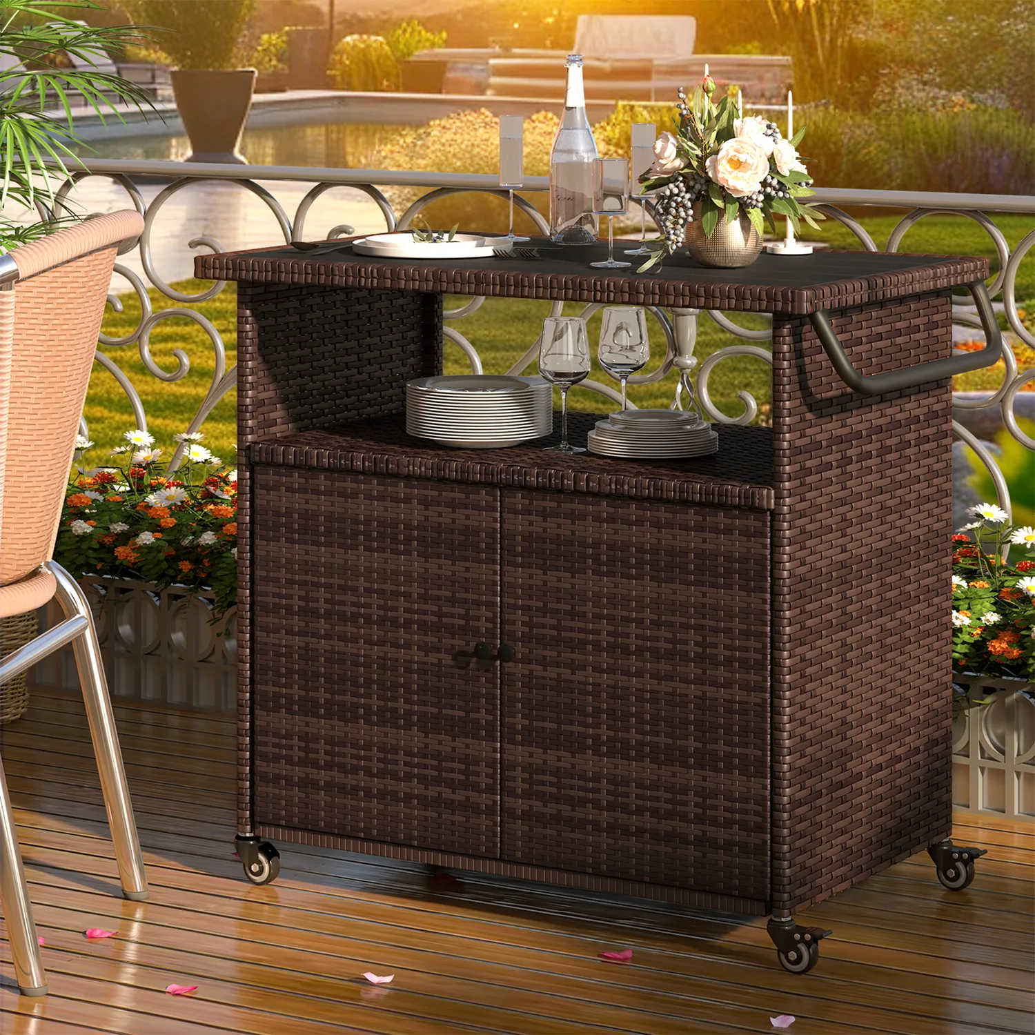 YODOLLA Outdoor Bar Cart, Patio Storage Grill Cart with Handles,Brown — view 10