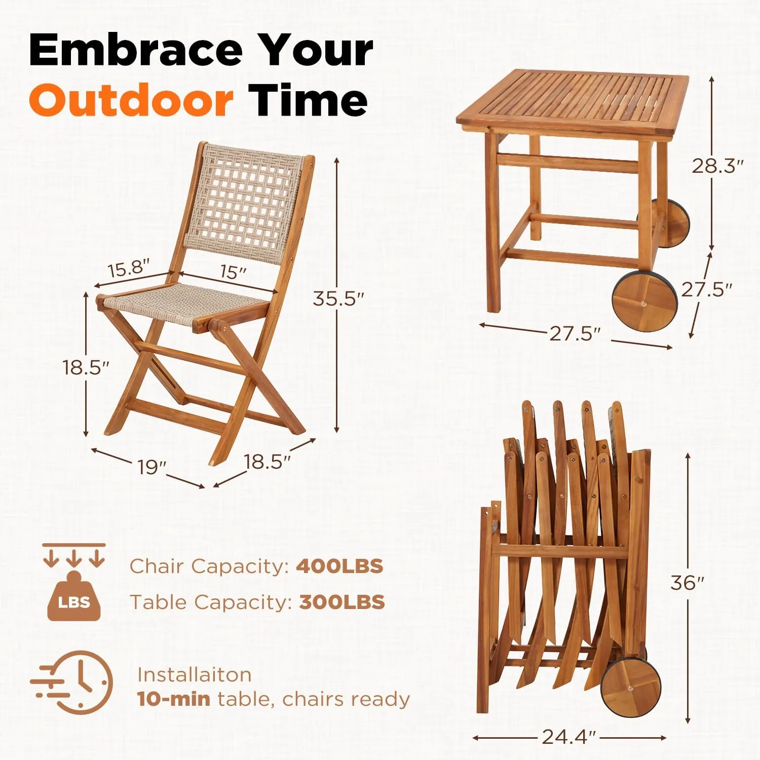 YODOLLA Outdoor Folding Chairs Set, Wooden Patio Dining Set — view 9