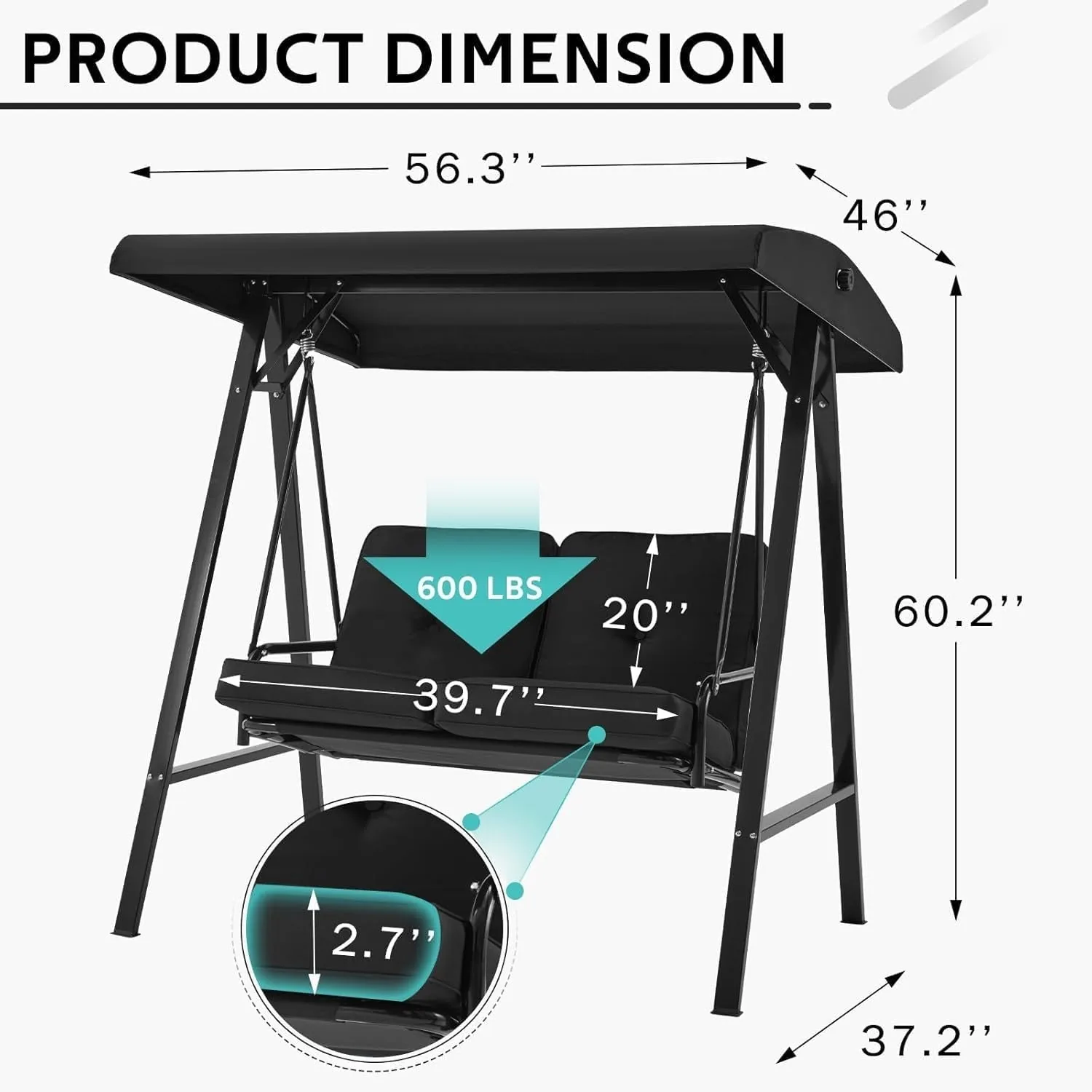 YODOLLA Patio Swing Chair 2-Seat for Adult, Black — view 3