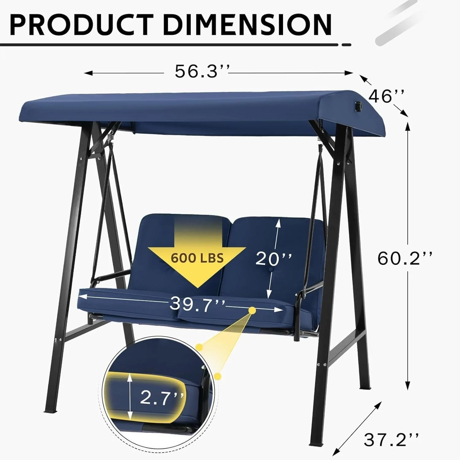 YODOLLA Patio Swing Chair 2-Seat for Adult, Blue — view 5
