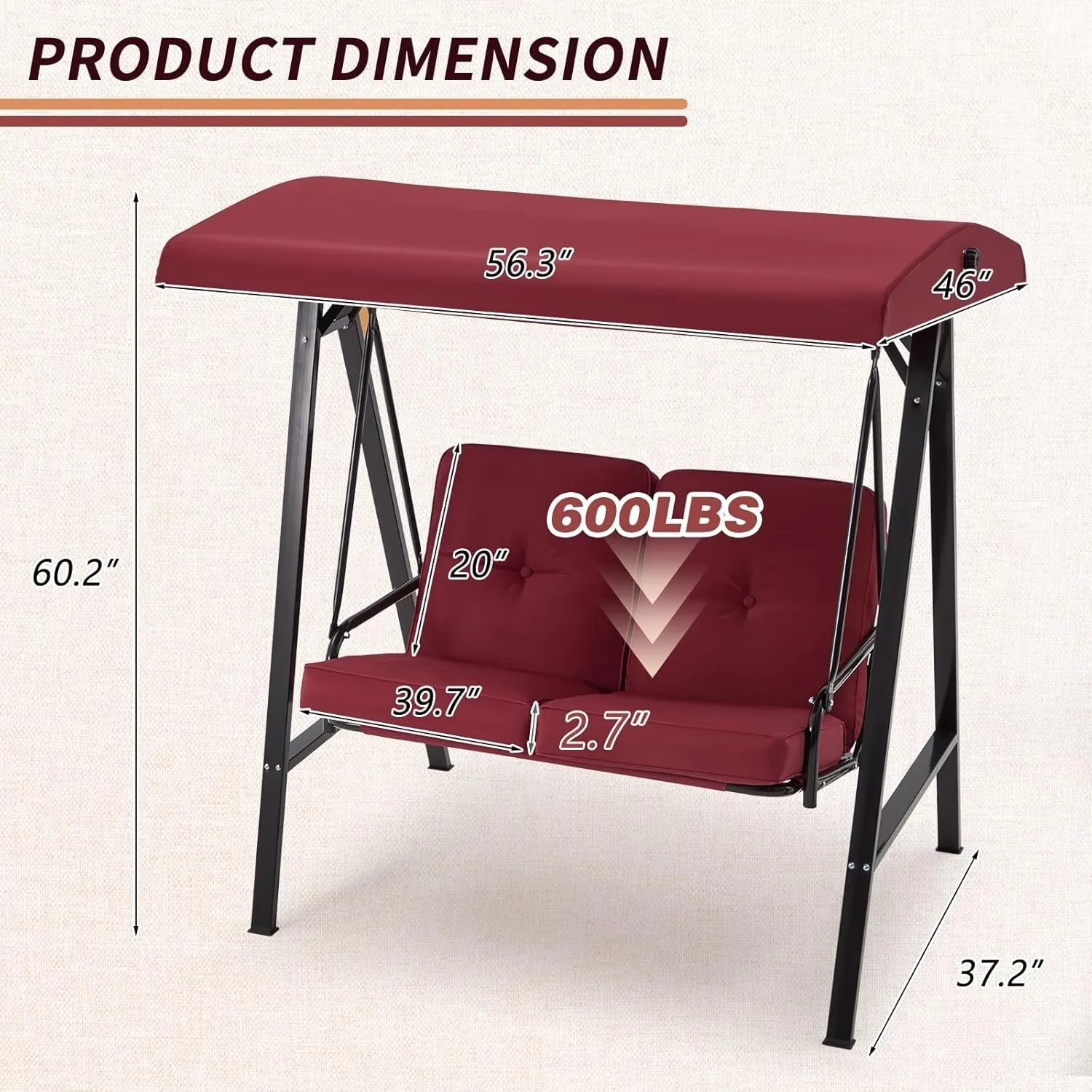 YODOLLA Patio Swing Chair 2-Seat for Adult, Red — view 3