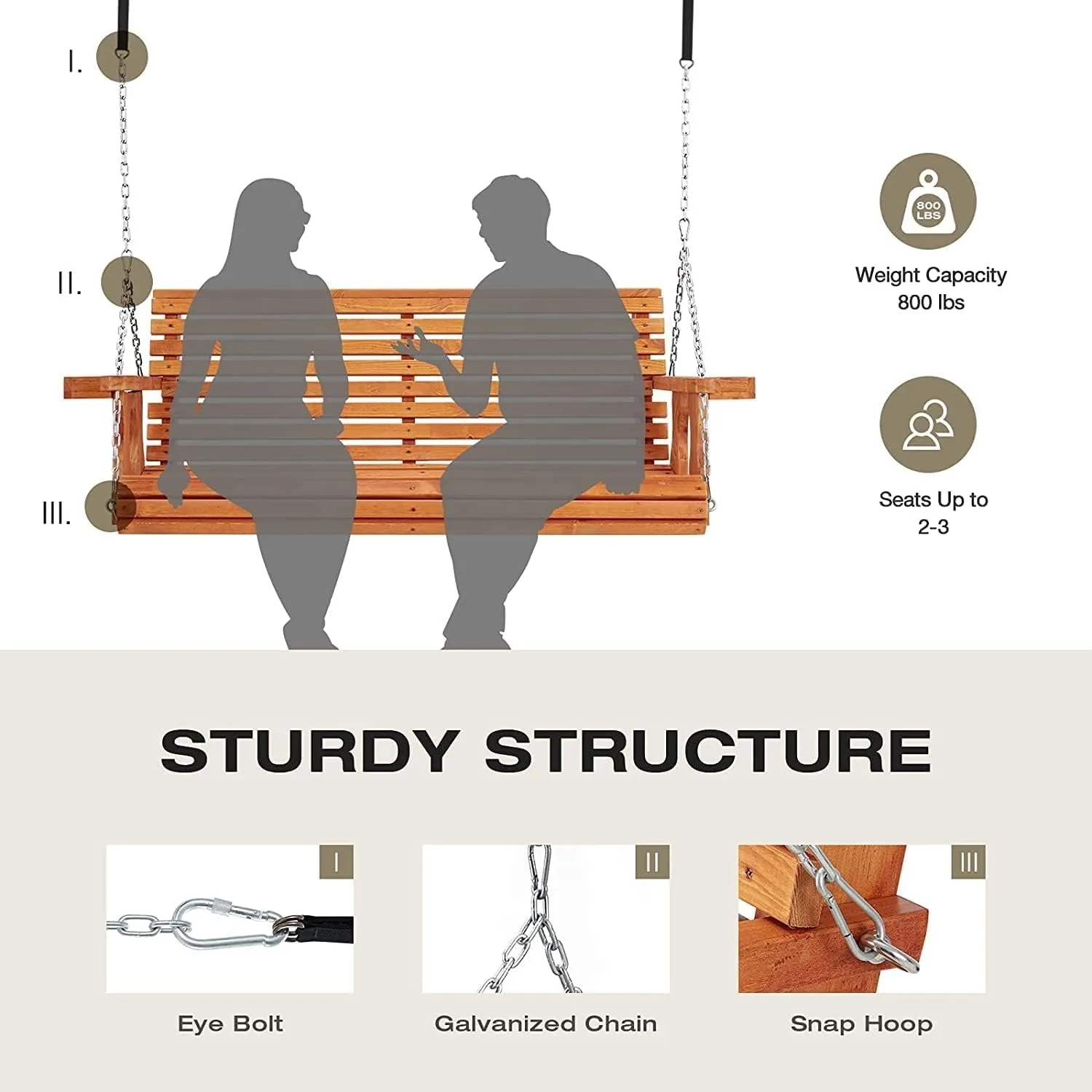 YODOLLA Premium Wooden Porch Swing for 2-3 - Natural Outdoor Seating | $176.99 — view 6
